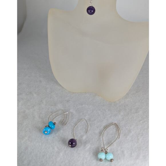 Lot 3 prs earrings Sterling  Pacific opal Amethyst Turquoise  wires  drop 2-2.5" - Picture 1 of 6